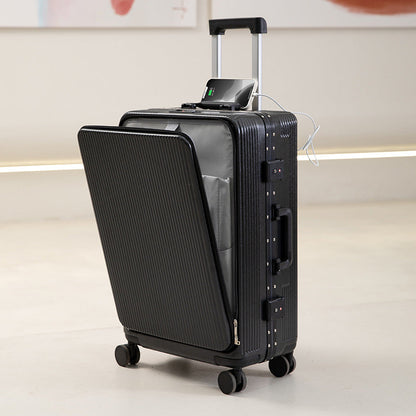 Suitcase with USB interface, front opening trolley case for women, men's fashion cup holder, password suitcase 20 cabin case 