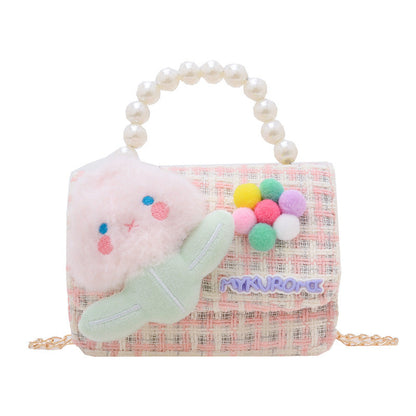 Cartoon cute children's small square bag fashionable pearl handbag versatile girl stylish chain shoulder crossbody backpack