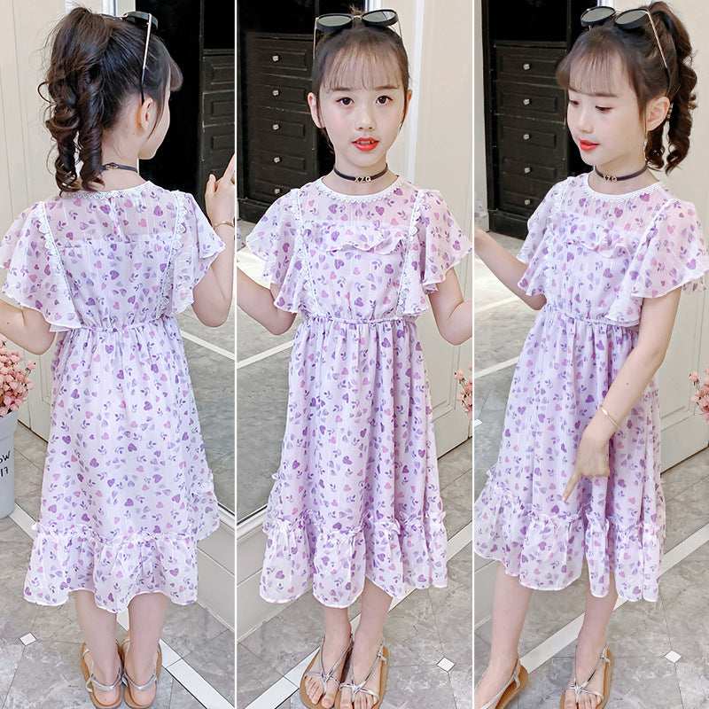 Girls dress short-sleeved chiffon dress new summer medium and large children's stylish printed princess dress Bohemian long skirt