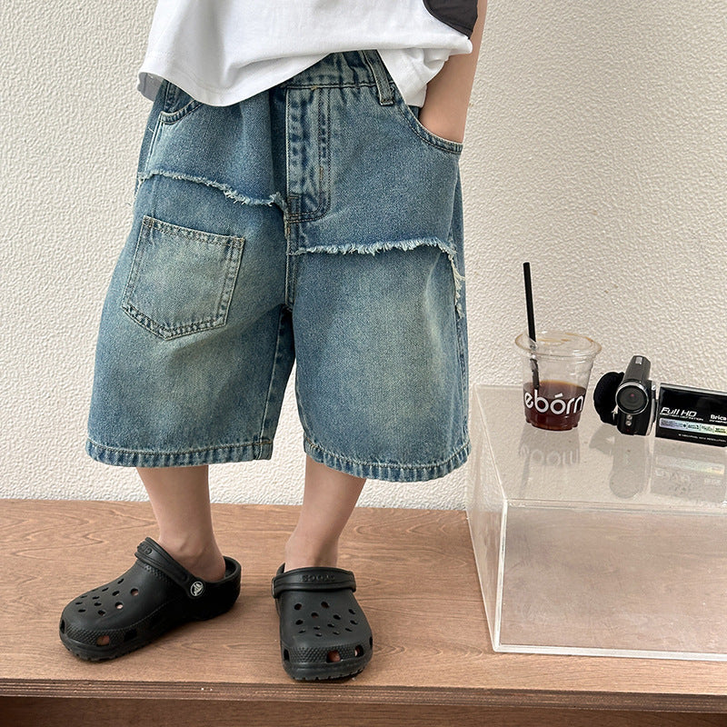 Amo Beibei children's 2024 summer raw edge pocket bamboo denim shorts for boys and girls sand washed cotton splicing shorts