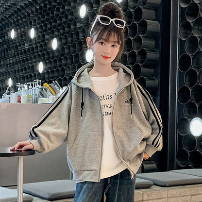 Boys and girls autumn jacket cardigan hooded sports casual letters loose fat students primary school middle school warm trend