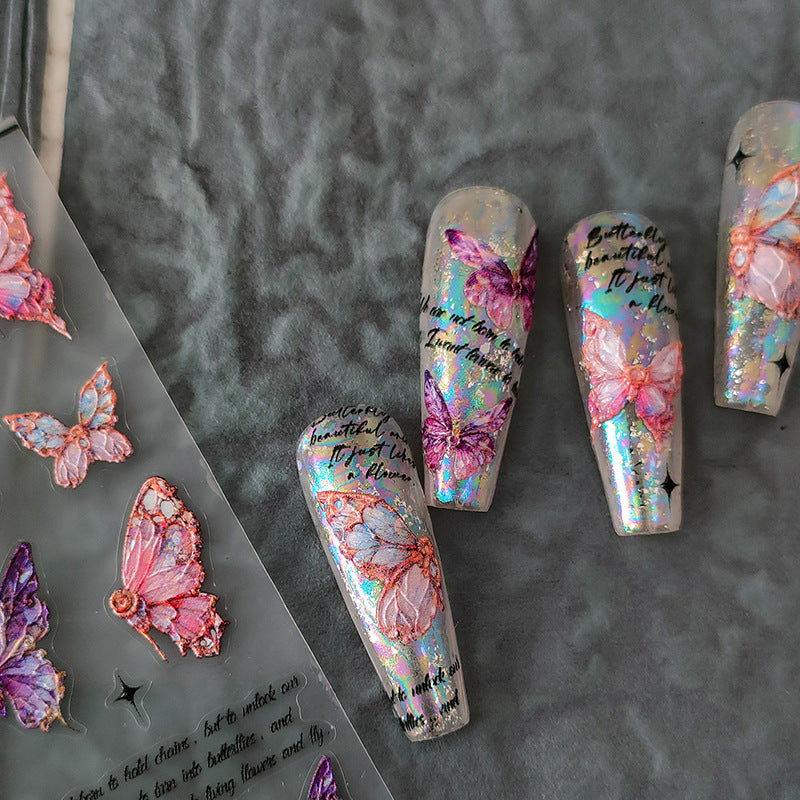 Nail stickers embossed thin and tough peach flower butterfly decals with adhesive backing three-dimensional texture dark style nail patch accessories