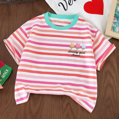 Children's summer striped tops short-sleeved cotton T-shirts elastic printed flowers kindergarten elementary school elastic loose middle and large children