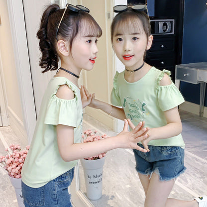 Children's summer short-sleeved T-shirt 2024 new cute printed off-shoulder T-shirt girl's ear-edge cotton top trend