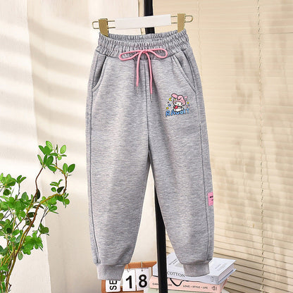 Girls winter velvet thickened pants elastic sports hypertrophy loose closing cartoon trousers one-piece velvet lamb wool