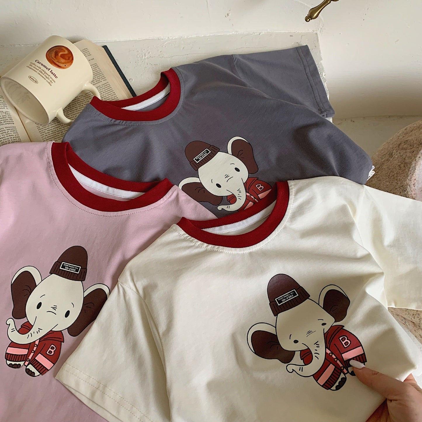 Children's T-shirt Bangcheng 2024 summer boys' contrasting color collar short-sleeved new children's clothing cartoon elephant short T-shirt trendy G0098