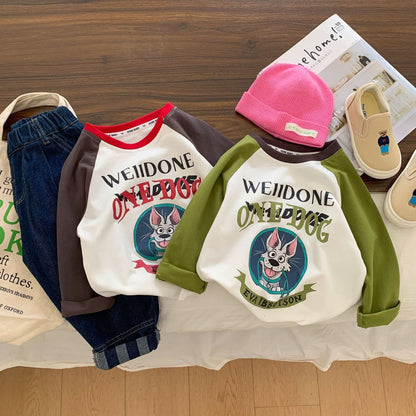 Children's T-shirt 2024 Bangcheng Spring New Boys and Girls Contrast Color Cartoon Raglan Sleeve T-shirt Loose Top C0255