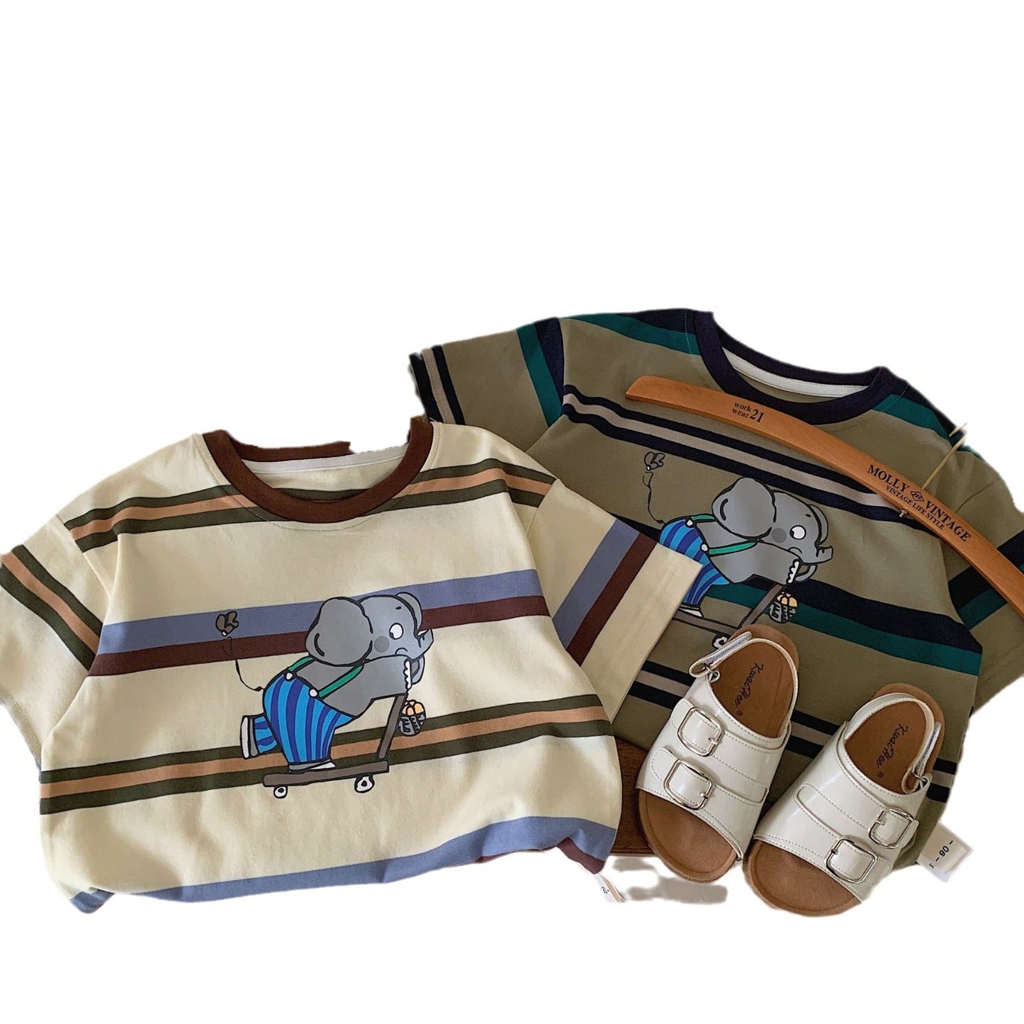 Children's T-shirt Bangcheng 2024 summer new products boys skateboard elephant short T children's clothing striped short-sleeved top G0093