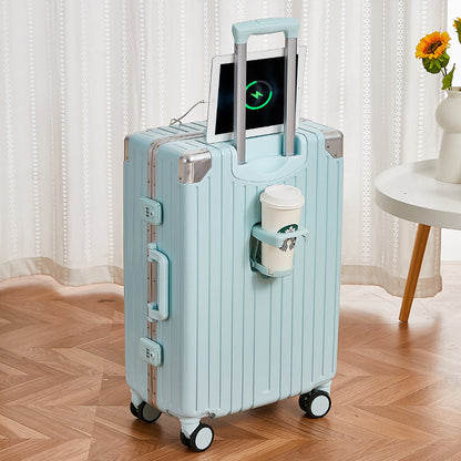 Aluminum frame with USB port luggage multifunctional women's and men's cup holder password travel trolley case 20 inch cabin case 