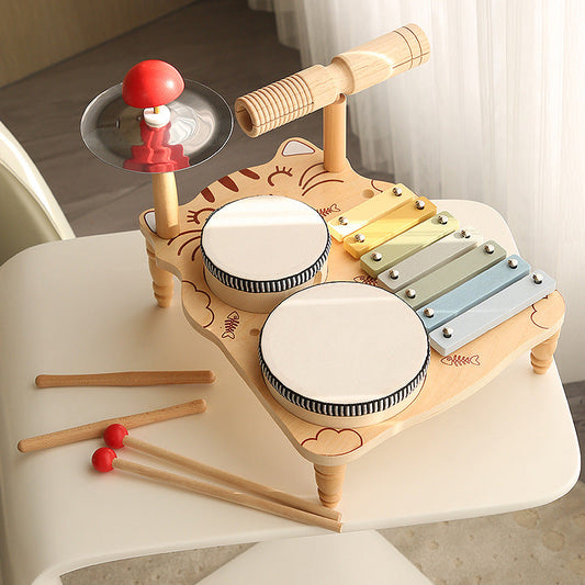 Cross-border children's wooden early education kindergarten baby desktop multi-functional percussion instrument knocking piano and drums educational toys