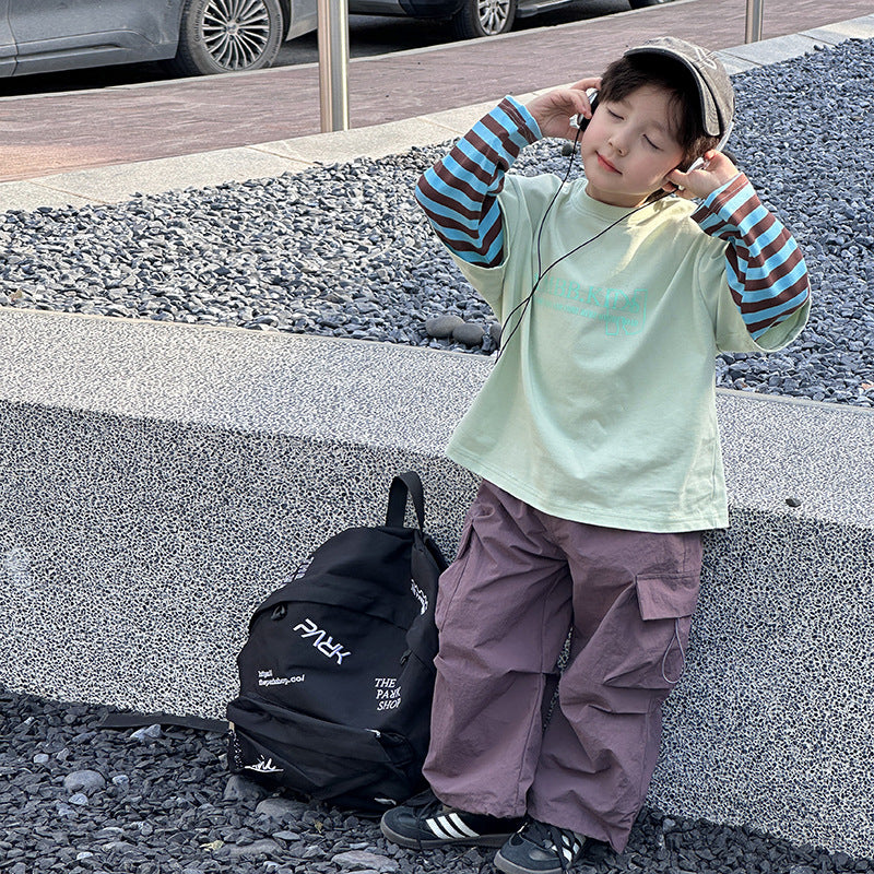 艾摩贝贝儿童长袖字母上衣2024夏款男童帅气假两件拼接条纹袖T恤