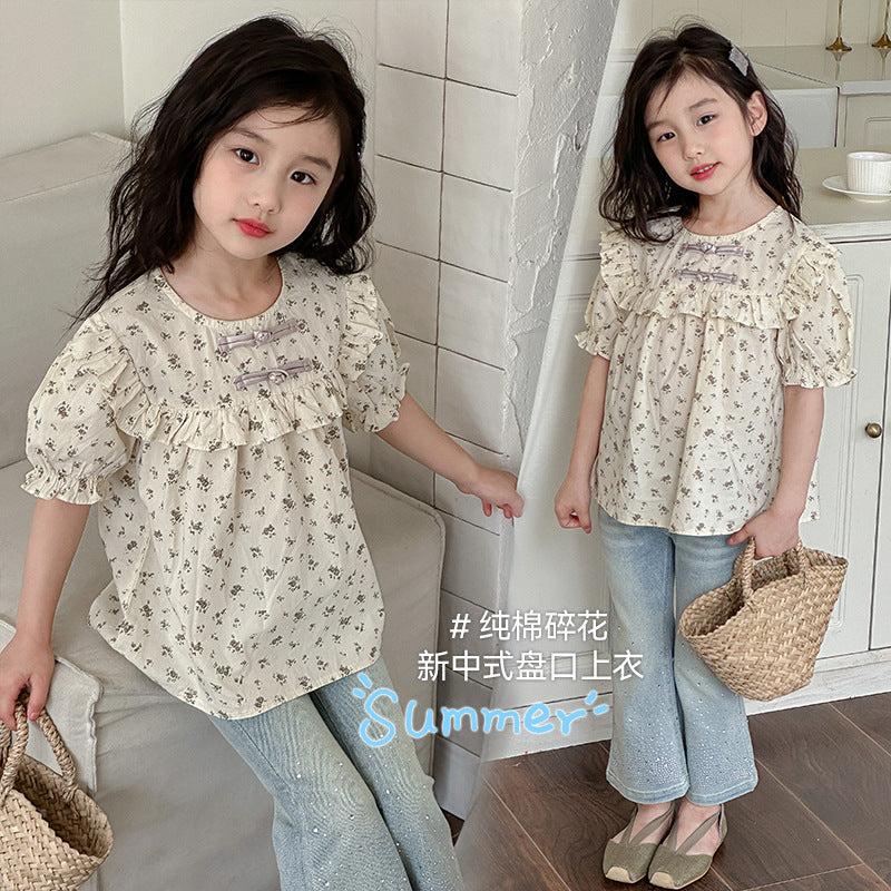 Children's girls summer new Chinese retro short-sleeved cotton floral shirt Republic of China style buttoned Hanfu pure cotton top