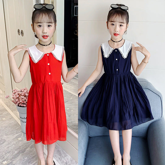 Children's clothing girls dress 2024 new summer girls sleeveless vest dress Western style children's solid color lapel long skirt