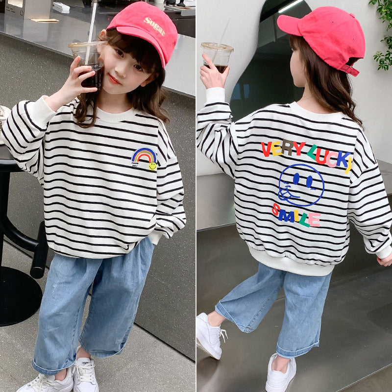 Children's Girls 2024 Spring New Long Sleeve Tops Bottoming Shirt Black and White Striped Printing Colored Cotton Elastic Loose