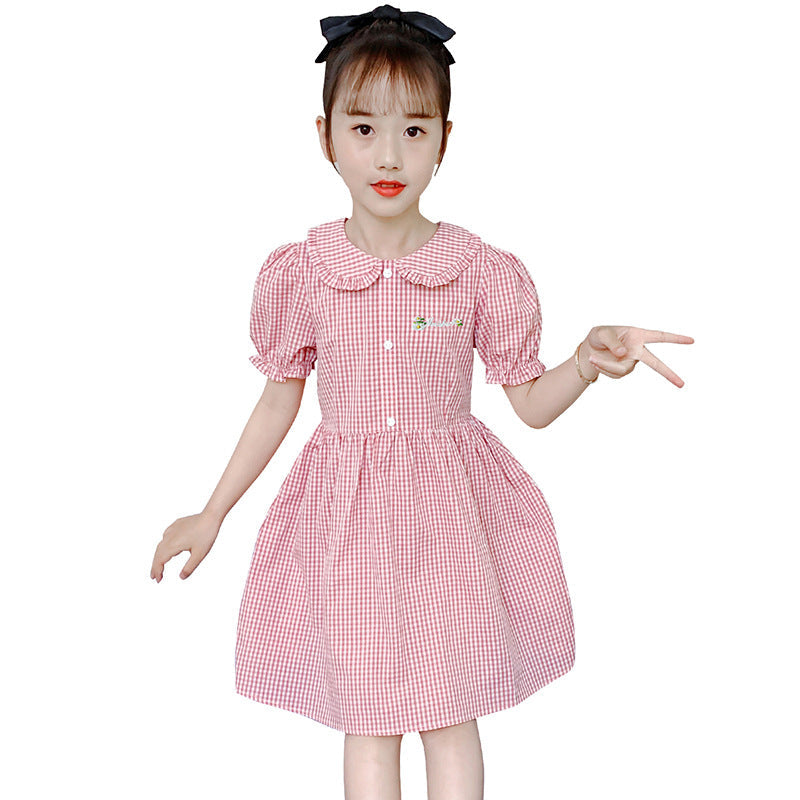 Girls short-sleeved dress summer new cotton baby collar plaid dress for middle and large children stylish embroidered skirt