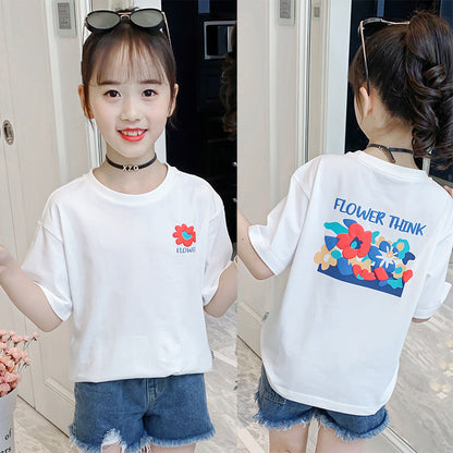 Girls short-sleeved T-shirt summer 2024 new style children's pure cotton tops for middle and large children loose cotton T-shirt