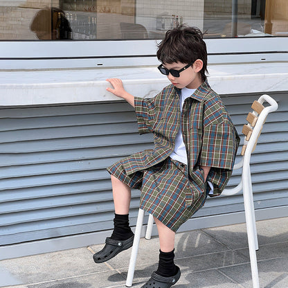 Children's summer clothes boys shirt suit little boy plaid shirt casual two-piece suit 2024 summer new clothes