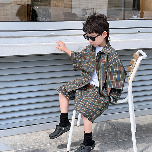 Children's summer clothes boys shirt suit little boy plaid shirt casual two-piece suit 2024 summer new clothes