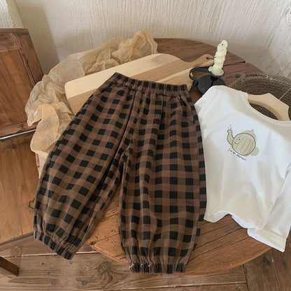 Children's trousers 2024 Bangcheng Spring Boys and Girls Korean Retro Plaid Casual Cotton Drawstring Pants Trendy F0352