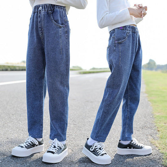 Girls jeans spring 2024 new Korean version children's casual trousers outer wear spring and autumn stylish big children's pants trend