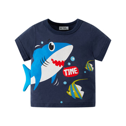 betop new children's short-sleeved cartoon three-dimensional shark top boy's pure cotton T-shirt summer clothes one piece