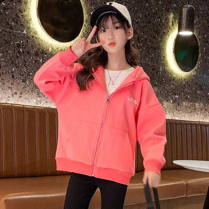 2024 new spring jackets for middle and large children and girls, cardigan, hooded, windproof, loose sportswear, Korean style, street-style, trendy