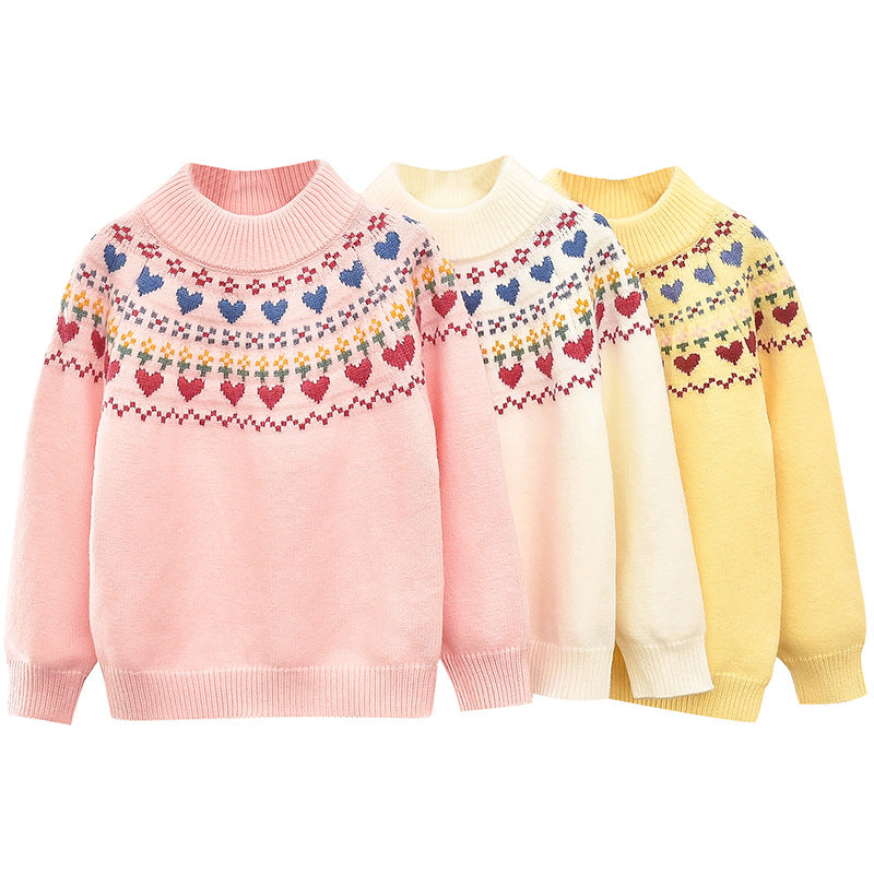 Girls winter sweater thickened love Korean style knitted pullover bottom line sweater for school wear kindergarten soft