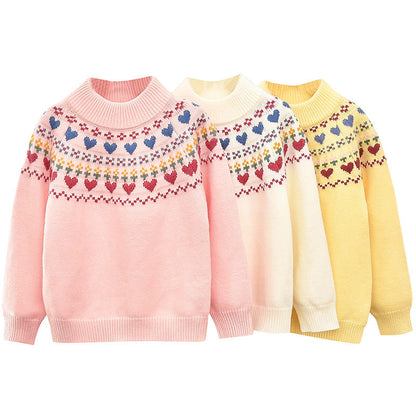 Girls winter sweater thickened love Korean style knitted pullover bottom line sweater for school wear kindergarten soft