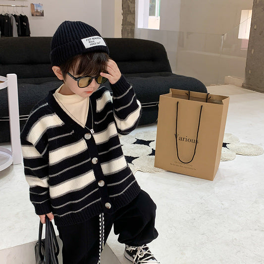 [Clearance Sale] Children's Sweater 2023 Autumn Baby Striped Knitted Jacket Boys Cashmere V-neck Cardigan