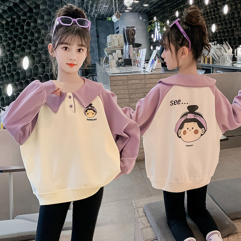 Girls spring and autumn coat new Korean style outer wear for middle and large children kindergarten girls loose elastic coat for college students