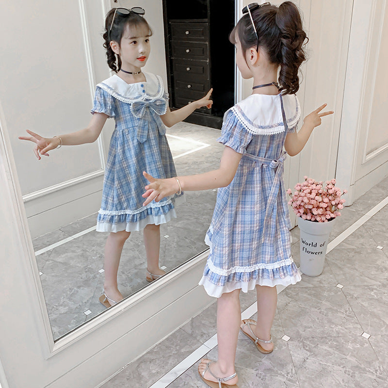 Girls short-sleeved dress summer new style college style bow dress Lolita skirt JK uniform plaid skirt