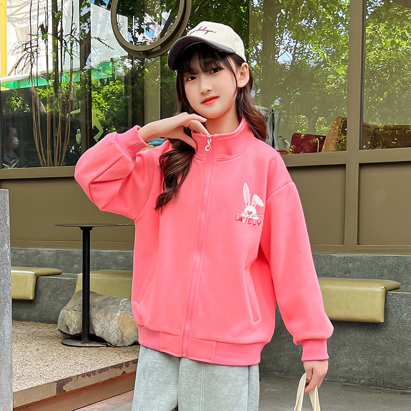 Girls 2024 Spring New Jacket Cardigan Sweater Children's Clothing Western Internet Celebrity Girls Zipper Shirt Street Explosion Elasticity