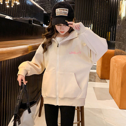 2024 new spring jackets for middle and large children and girls, cardigan, hooded, windproof, loose sportswear, Korean style, street-style, trendy