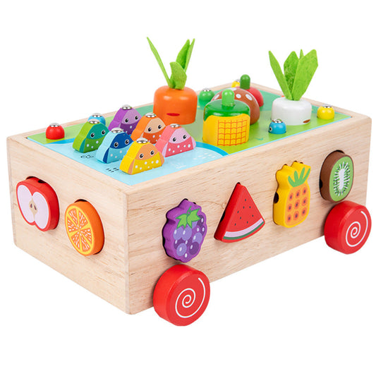 Children's educational bead fishing fruit cutting game seven-in-one multifunctional trailer toy wooden toy 