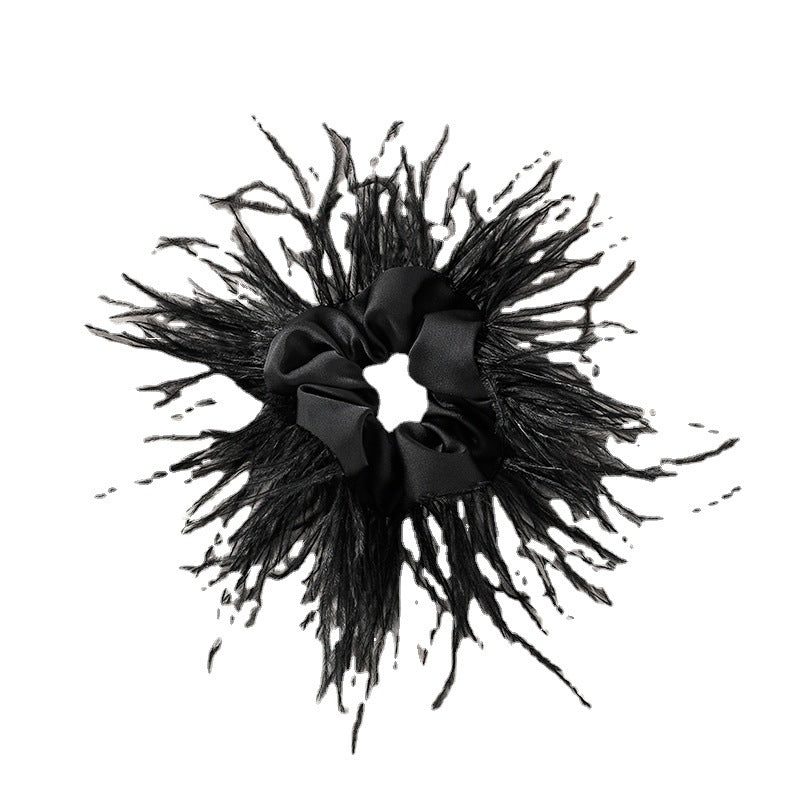 Korean high-end niche ostrich feather large intestine hair ring satin hair band hair ring pig large intestine black free shipping