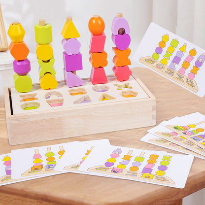 Children's wooden geometric shapes matching color cognition enlightenment beaded five-column set column building blocks educational toys