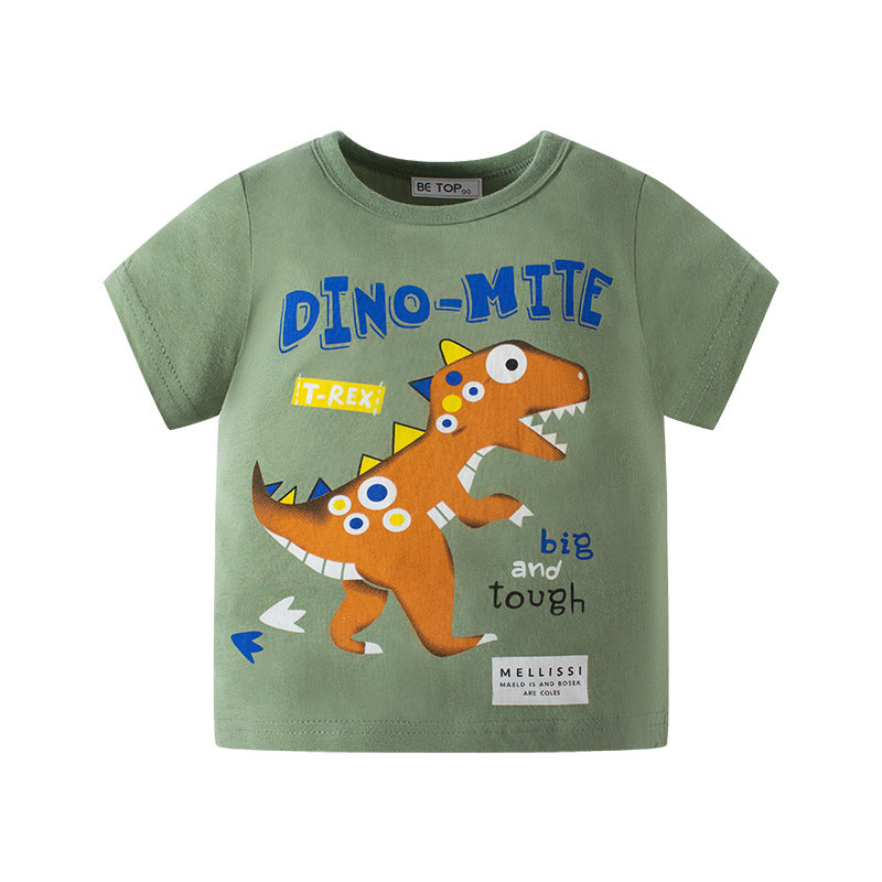 Children's short-sleeved cartoon dinosaur Korean version baby tops boy T-shirt pure cotton sweater summer trendy children's clothing wholesale