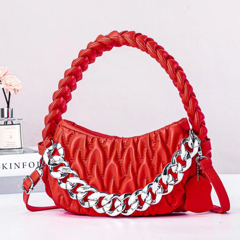 Niche 2024 autumn and winter new trend fashion woven handbag soft leather wrinkled shoulder crossbody chain bag 