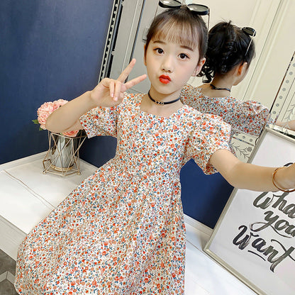 Summer children's pure cotton French palace puff sleeve dress short sleeve floral princess middle and large children slim trend