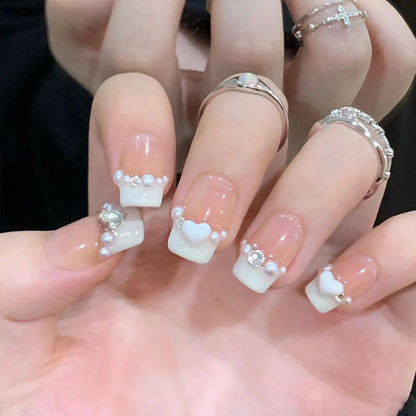 Wholesale wearable nails, nude French diamond chain bow, white and versatile nail art finished product, detachable nail stickers