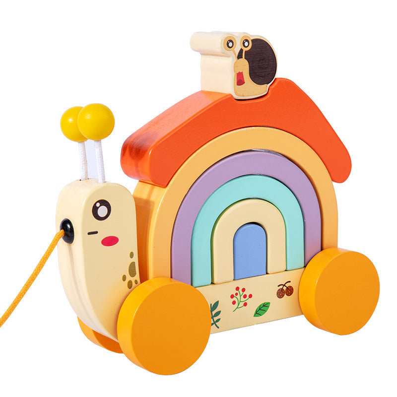 Wooden drag snail baby puzzle building stacking toddler parent-child wooden early education toy rainbow building block car 