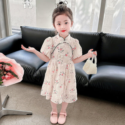 Girls summer short-sleeved cheongsam dress puff sleeve floral retro improved chiffon kindergarten ink painting Jiangnan small and medium children