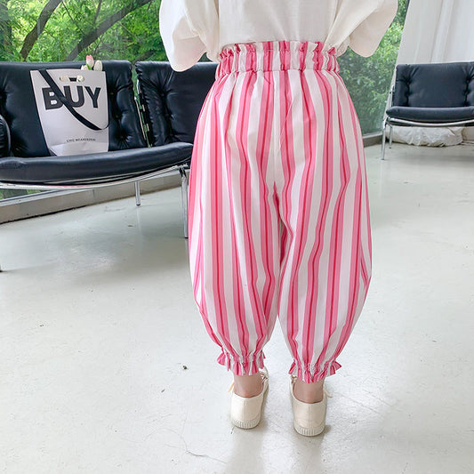 2024 summer new Korean version children's baby light breathable loose anti-mosquito pants girls casual vertical striped air-conditioning pants