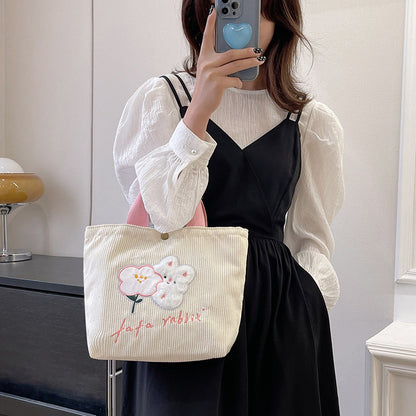 Handbag 2024 new work bag women's canvas bag cute rabbit contrast color cartoon pattern student cross-border 