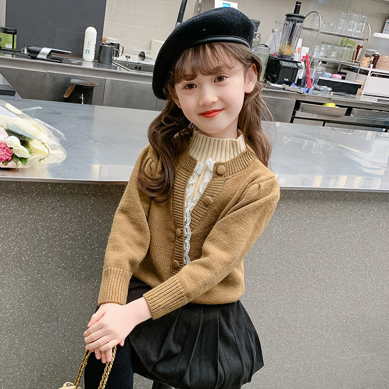 Girls' fake two-piece sweater Korean style button sweater warm base fragrance style lace sweater elastic Japanese style middle and small children