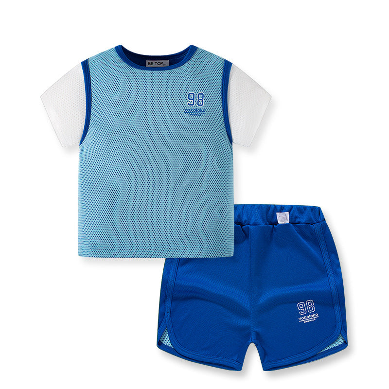 2024 new children's casual color matching two-piece shorts short-sleeved sports suit boy baby Korean version new trend