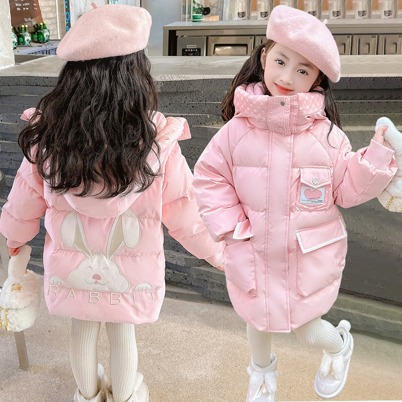 2024 new cotton-padded jacket for girls, bunny, lengthened and thickened, Korean style, cartoon, middle and large children's kindergarten