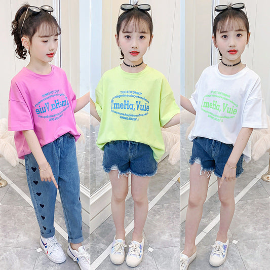 Girls short-sleeved T-shirt summer clothes 2024 new Korean style popular children's clothing middle and large children's summer loose tops