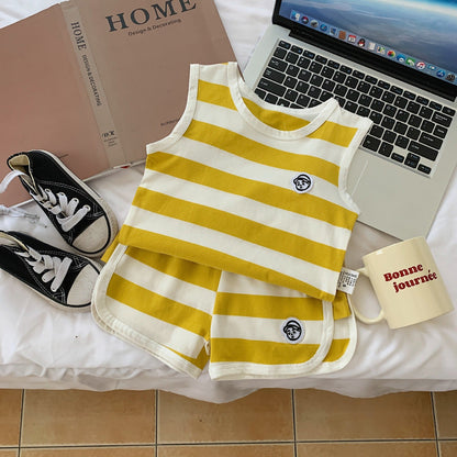 Children's suit 2023 Bangcheng summer style boys and girls Korean version striped label casual vest two-piece suit trendy F0233