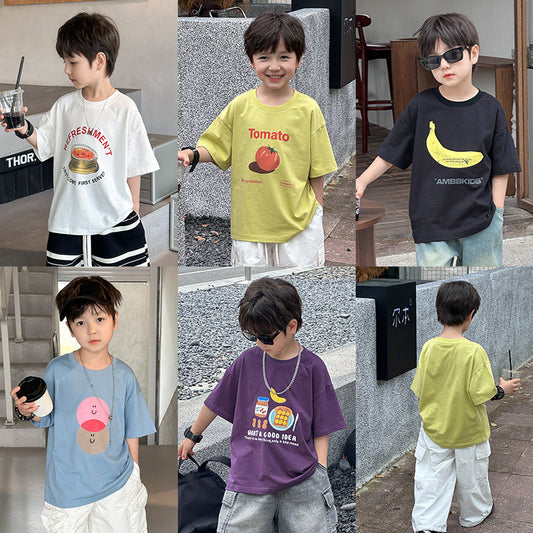 Amo Beibei children's BOBO short-sleeved loose top 2024 summer boys and girls cute fruit comfortable cotton T-shirt